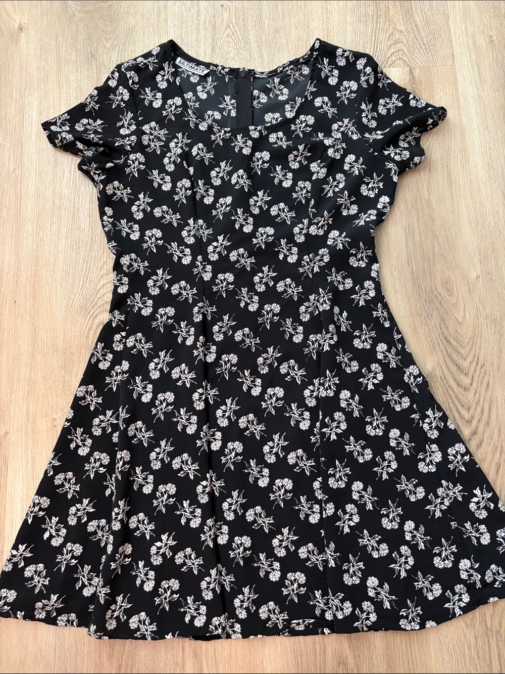 Vintage 90s Ultimate Black White Ditsy Floral Skater Mini Dress Rayon Grunge
